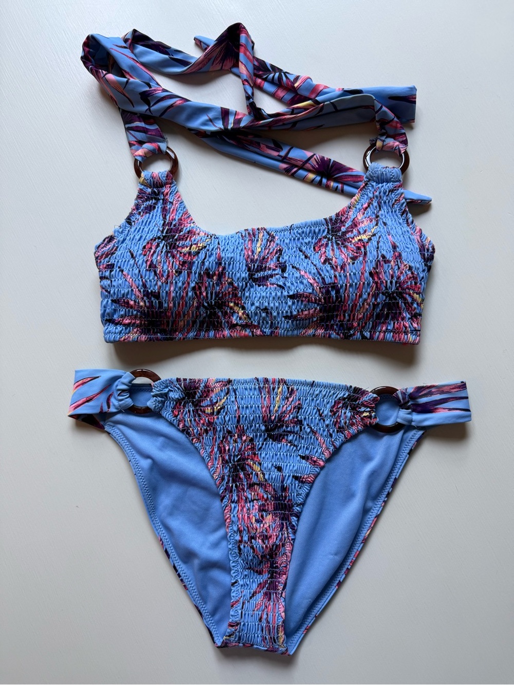 Jessica Simpson Blue Tropical Smocked Bikini with Ring Accents